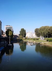 Scenic view of lake by buildings against clear blue sky