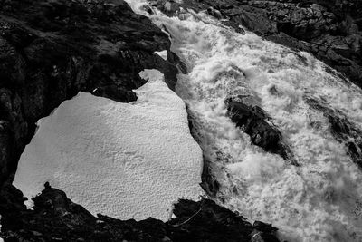 High angle view of water flowing through rocks