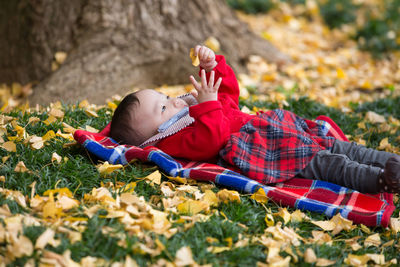 Baby girl lying at park during autumn
