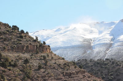 Scenic view of snowcapped mountains against clear sky