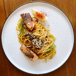 High angle view of food served on table