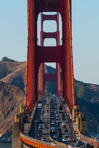 Close up view of golden gate bridge traffic flow with clear blue sky