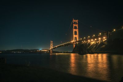 Illuminated golden gate bridge over bay at night