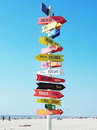 Information sign on beach against clear sky