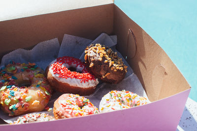 Close-up of multi colored donuts