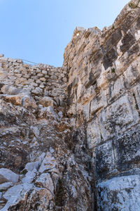 Low angle view of rock formation against clear sky