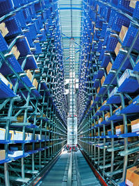 High angle view of shelf rack in warehouse