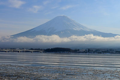 Mount fuji from kawaguciko lakeside. winter in japan.