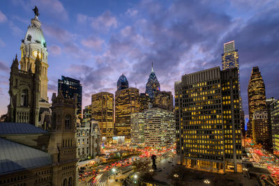 View of city lit up at night