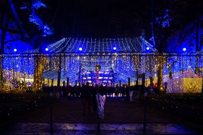 Group of people in illuminated christmas lights at night