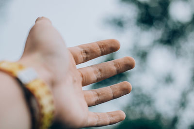 Cropped hand gesturing against tree