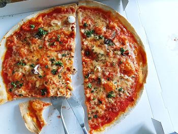 High angle view of pizza in plate on table