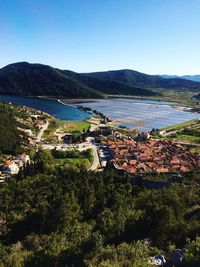 High angle view of houses and mountain range