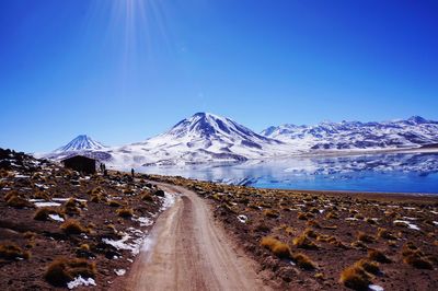 Empty road amidst snowcapped mountains against clear blue sky