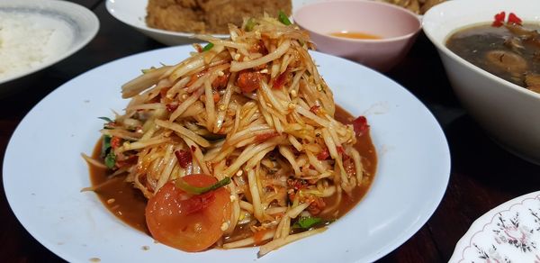 High angle view of food served in plate