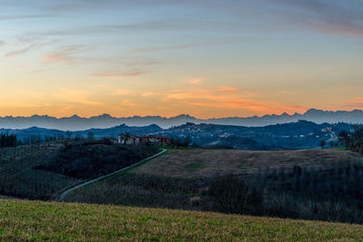 Scenic view of field against sky during sunset