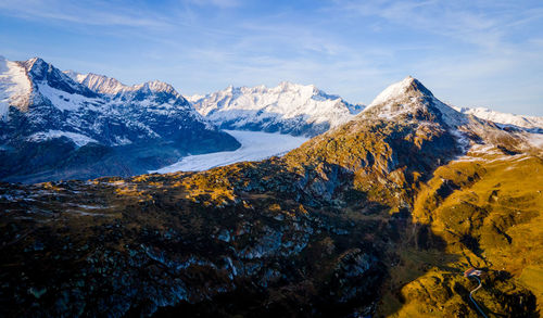 Scenic view of snowcapped mountains against sky