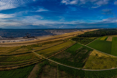 Panoramic view of hambach surface mine and hambach forest, germany. drone photography.