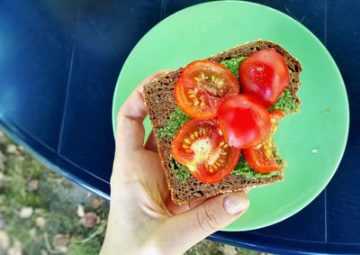 Cropped hand holding open faced sandwich