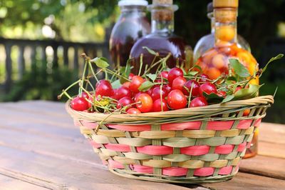 Close-up of fruits in basket on table