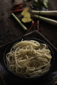 High angle view of noodles in bowl