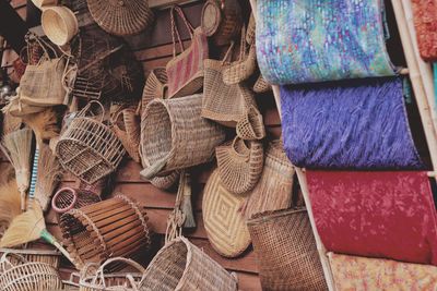Full frame shot of woven baskets for sale in market