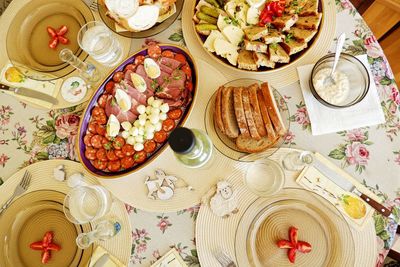 High angle view of food served on table