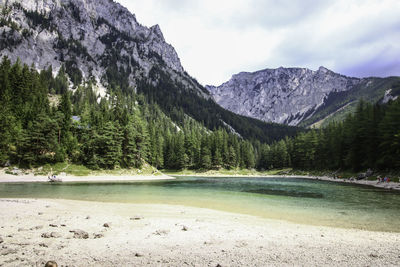 Scenic view of lake and mountains against sky