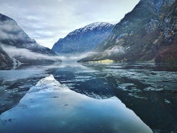 Scenic view of lake by mountains against sky