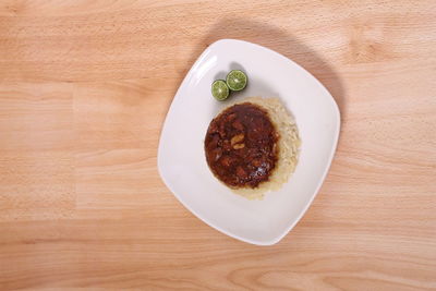 High angle view of breakfast served on table