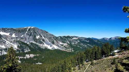 Scenic view of mountains against clear blue sky