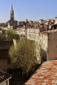 High angle view of townscape against clear sky