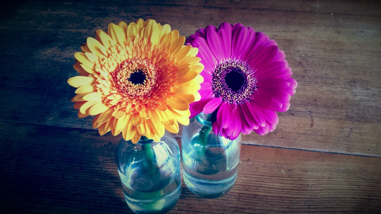 flower, freshness, petal, flower head, fragility, indoors, table, vase, yellow, still life, multi colored, flower arrangement, high angle view, close-up, wood - material, beauty in nature, decoration, pollen, single flower, no people