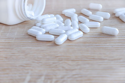 High angle view of bottles on table