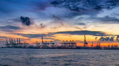 Cranes by sea against cloudy sky during sunset