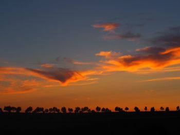 Silhouette trees on field against orange sky