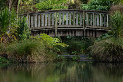 Scenic view of a wooden bridge reflected over a calm lake
