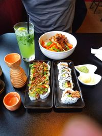 High angle view of food served on table