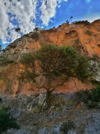 Low angle view of rock formation against sky