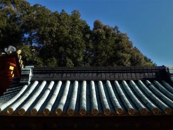 Low angle view of roof and trees against sky