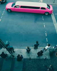 High angle view of people on road