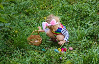 High angle view of woman picking pumpkin