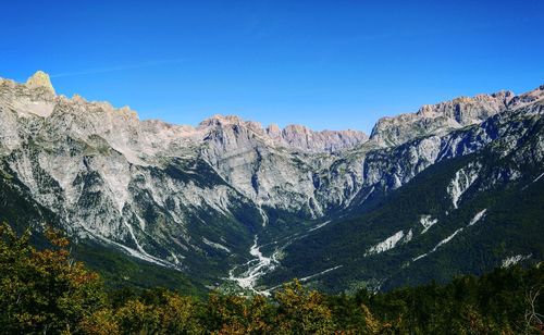 Scenic view of rocky mountains against clear blue sky