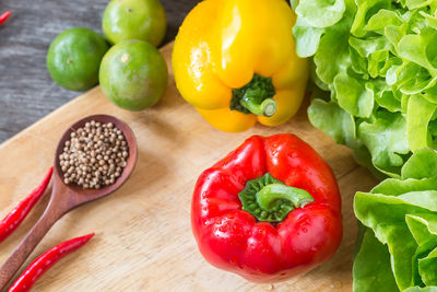 High angle view of fruits and vegetables on table