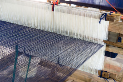 High angle view of loom in industry