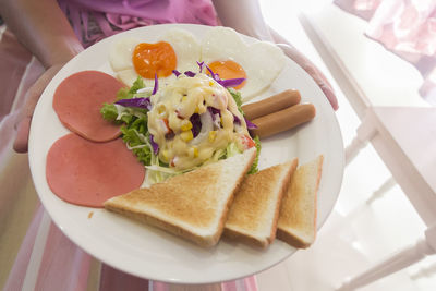 High angle view of breakfast served on table