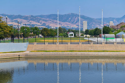 Scenic view of lake by mountains against clear sky