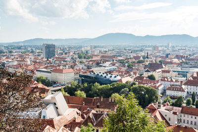 High angle view of town against sky