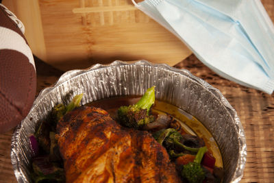 High angle view of meal served on table