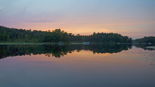 Scenic view of lake against sky at sunset